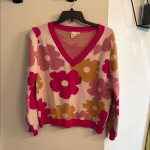 Grace and Emma Floral V-Neck Sweater - Pink and Gold